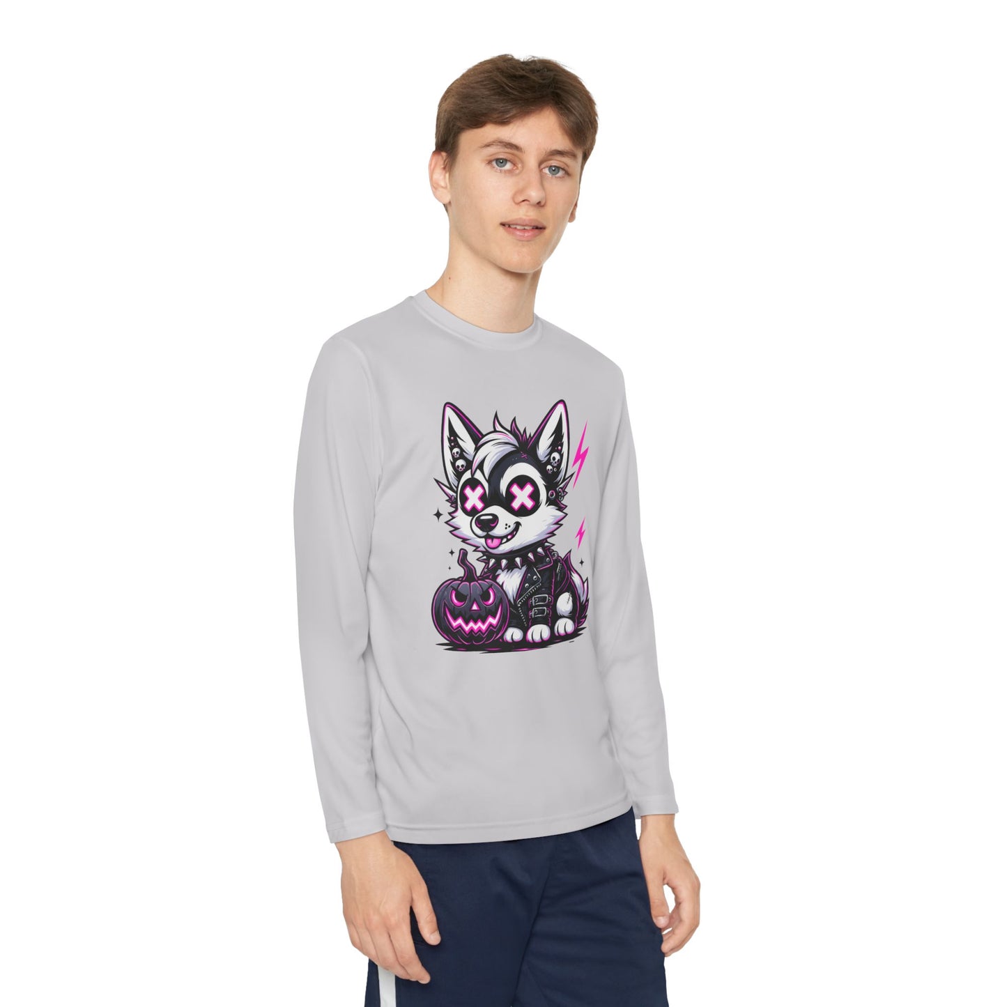 Halloween Themed Youth Long Sleeve Tee, Cute Dog Design, Perfect for Fall, Trick-or-Treat, Boys and Girls, Cozy and Fun