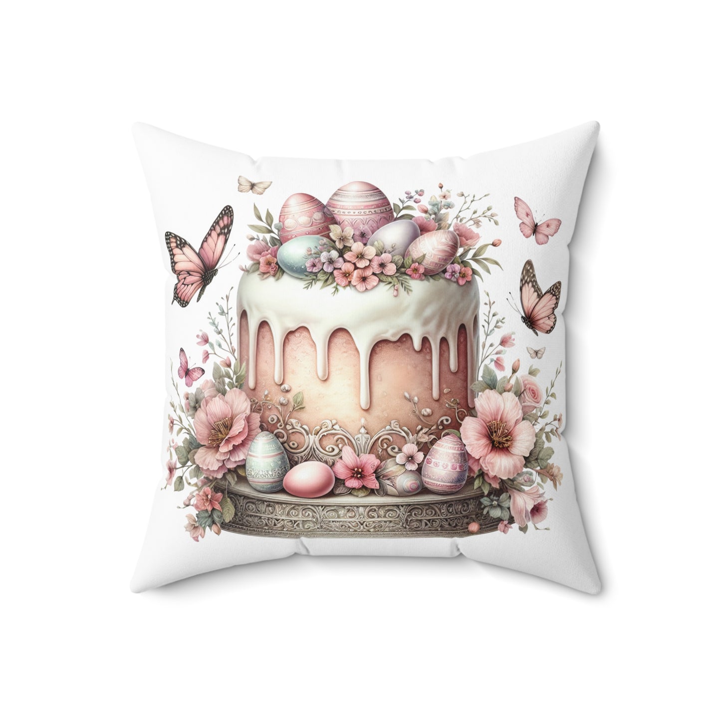 Easter Cake Design Square Pillow - Floral & Bunny Decor