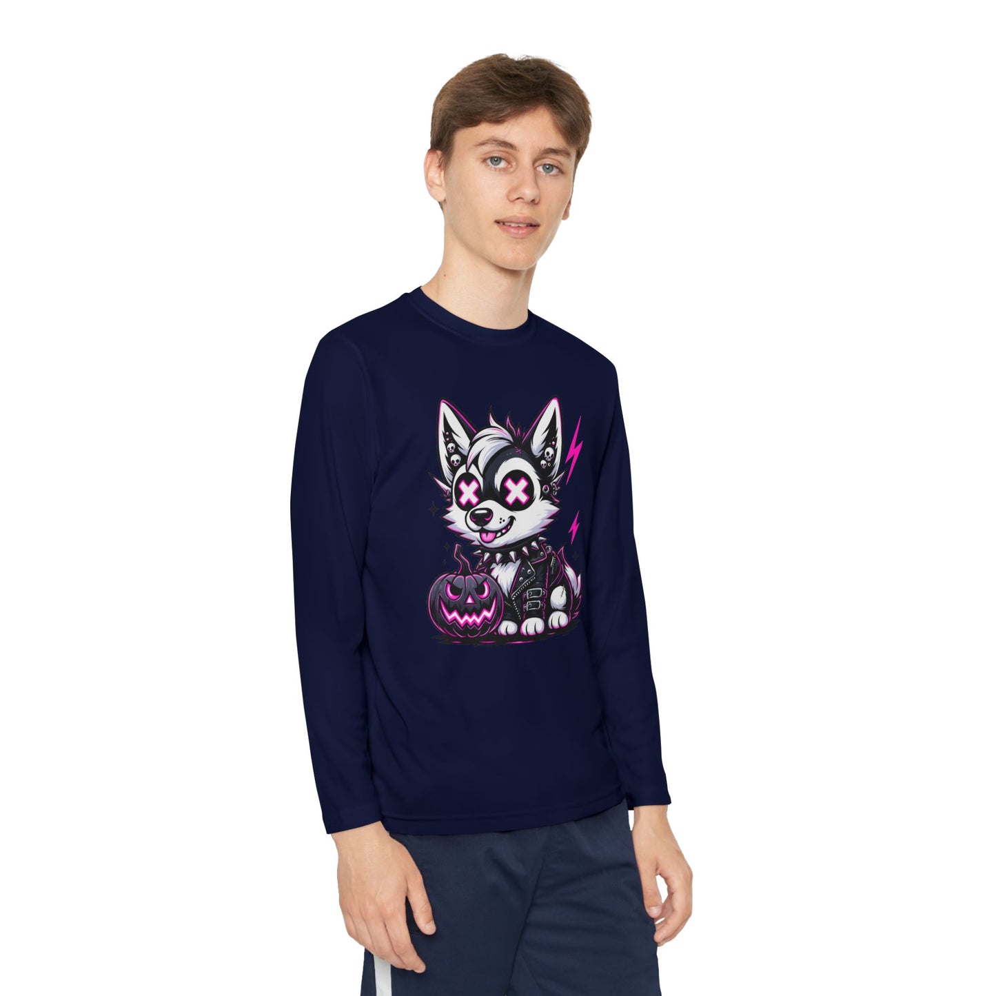 Halloween Themed Youth Long Sleeve Tee, Cute Dog Design, Perfect for Fall, Trick-or-Treat, Boys and Girls, Cozy and Fun