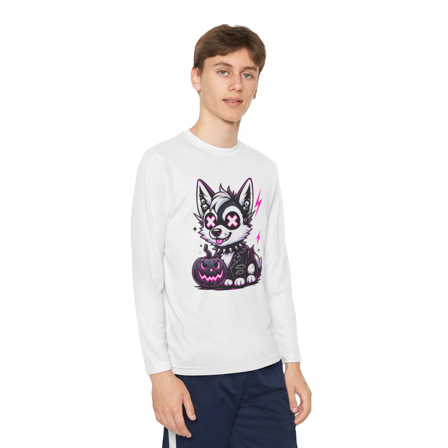Halloween Themed Youth Long Sleeve Tee, Cute Dog Design, Perfect for Fall, Trick-or-Treat, Boys and Girls, Cozy and Fun