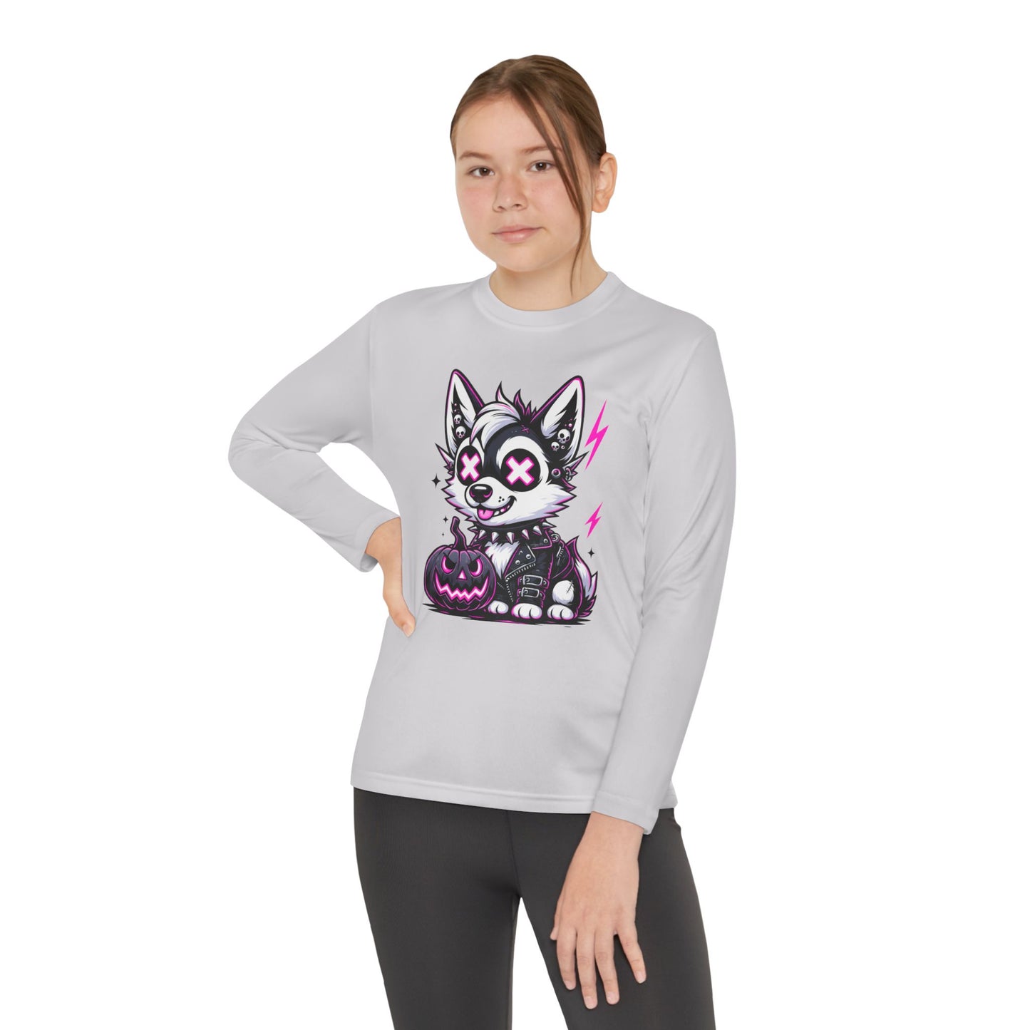 Halloween Themed Youth Long Sleeve Tee, Cute Dog Design, Perfect for Fall, Trick-or-Treat, Boys and Girls, Cozy and Fun