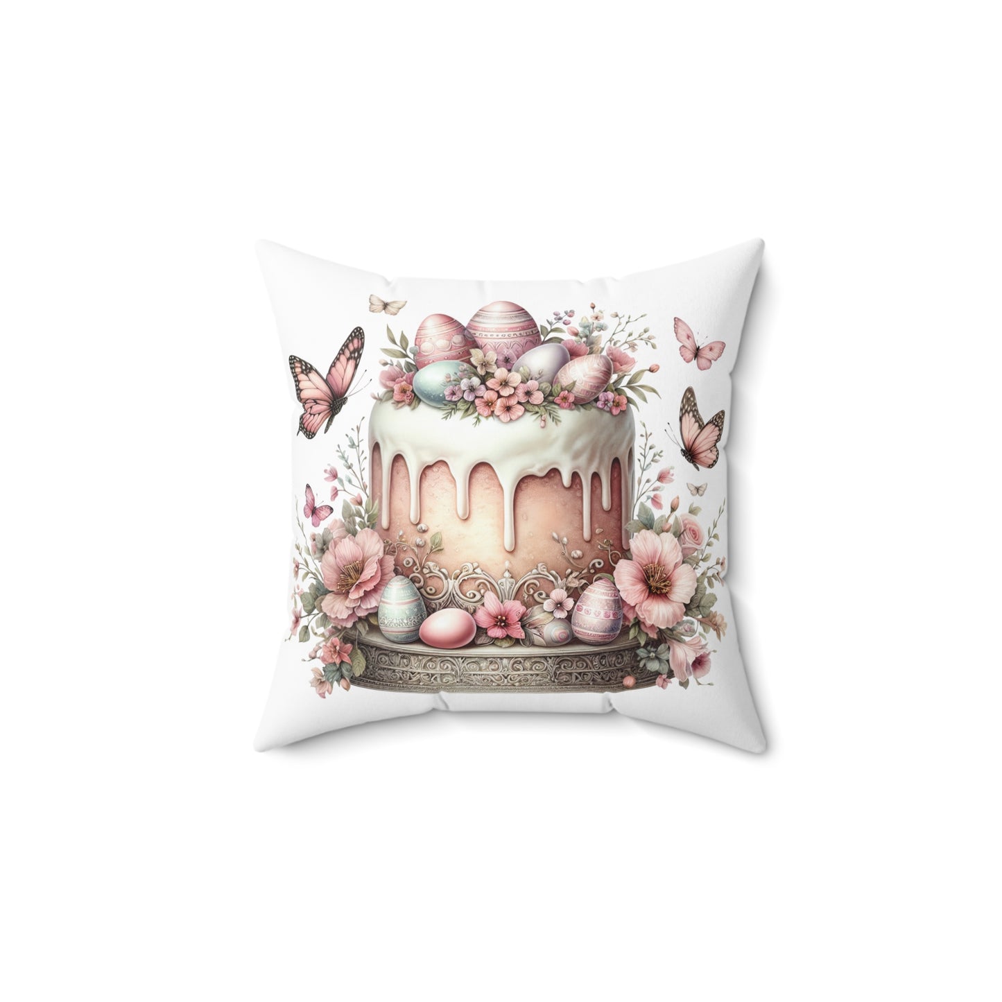 Easter Cake Design Square Pillow - Floral & Bunny Decor
