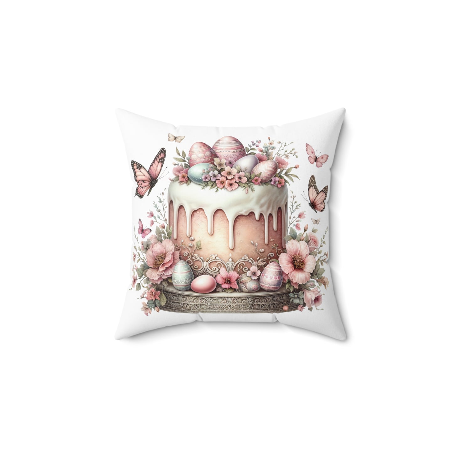 Easter Cake Design Square Pillow - Floral & Bunny Decor
