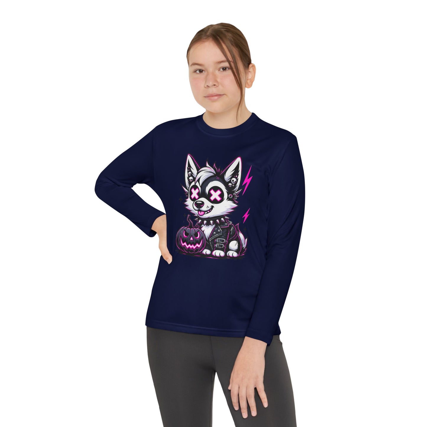 Halloween Themed Youth Long Sleeve Tee, Cute Dog Design, Perfect for Fall, Trick-or-Treat, Boys and Girls, Cozy and Fun
