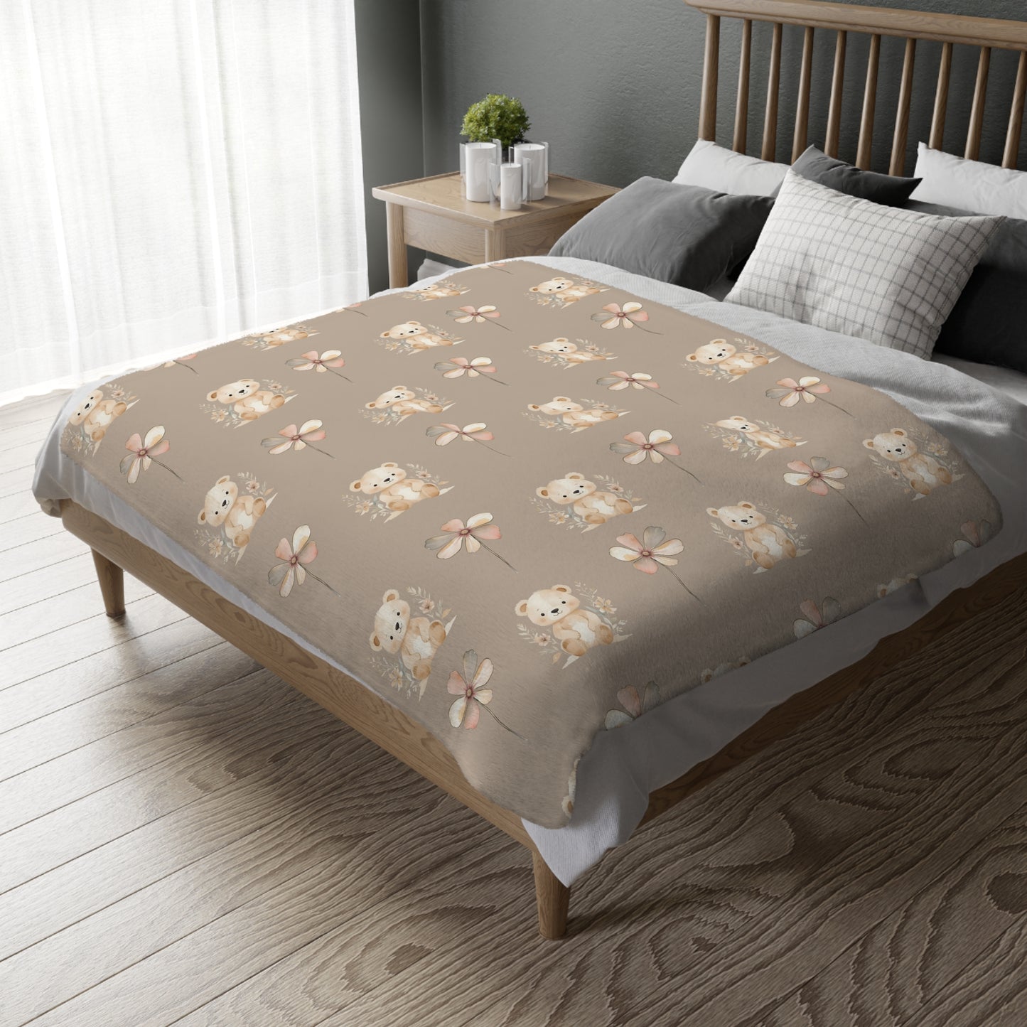 Cozy Velveteen Microfiber Blanket with Cute Bear and Flower Design