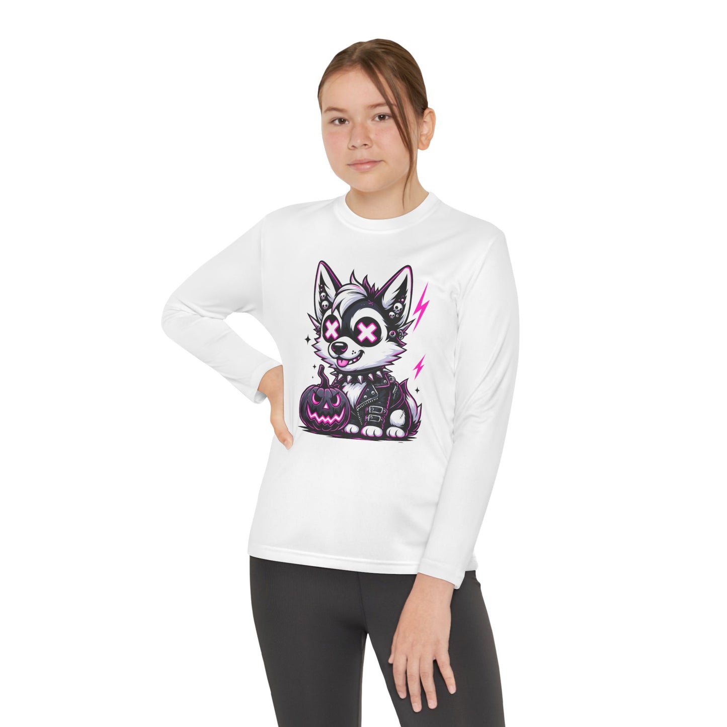 Halloween Themed Youth Long Sleeve Tee, Cute Dog Design, Perfect for Fall, Trick-or-Treat, Boys and Girls, Cozy and Fun