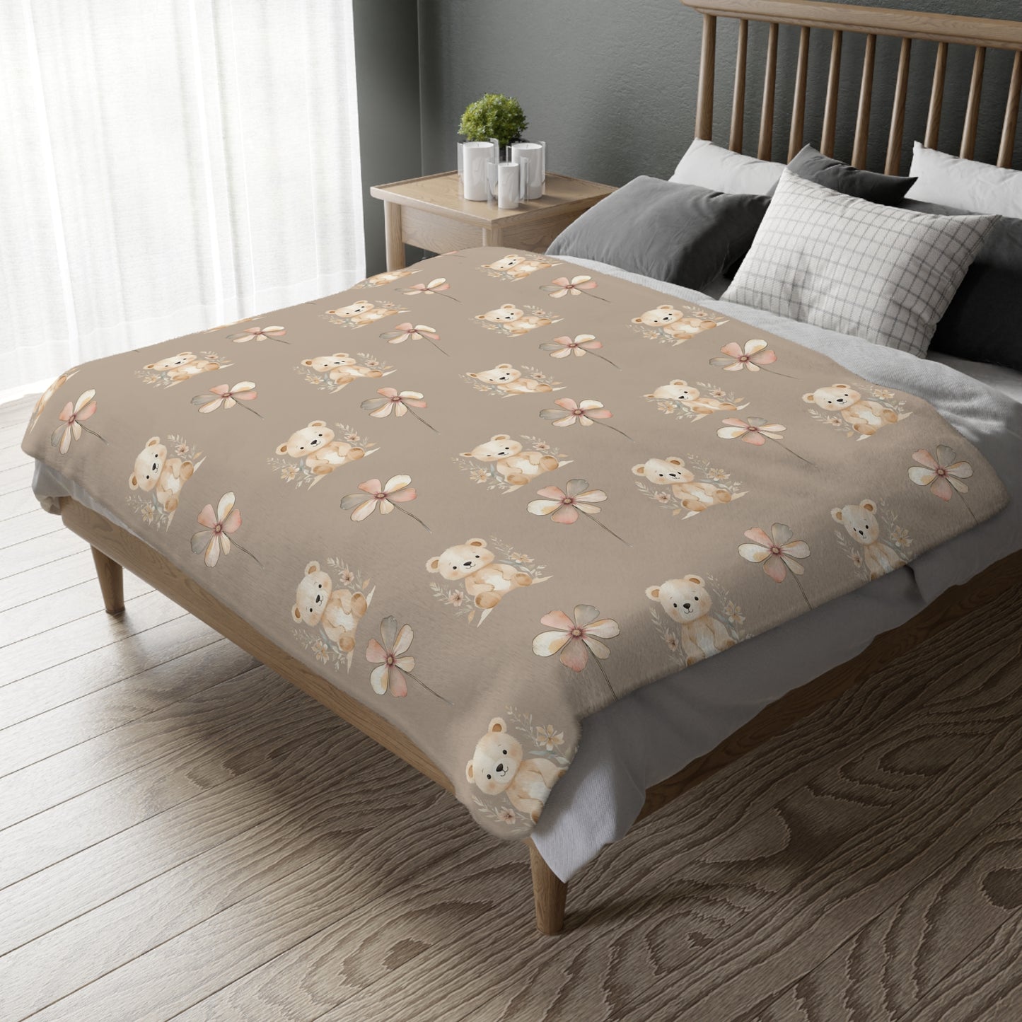 Cozy Velveteen Microfiber Blanket with Cute Bear and Flower Design
