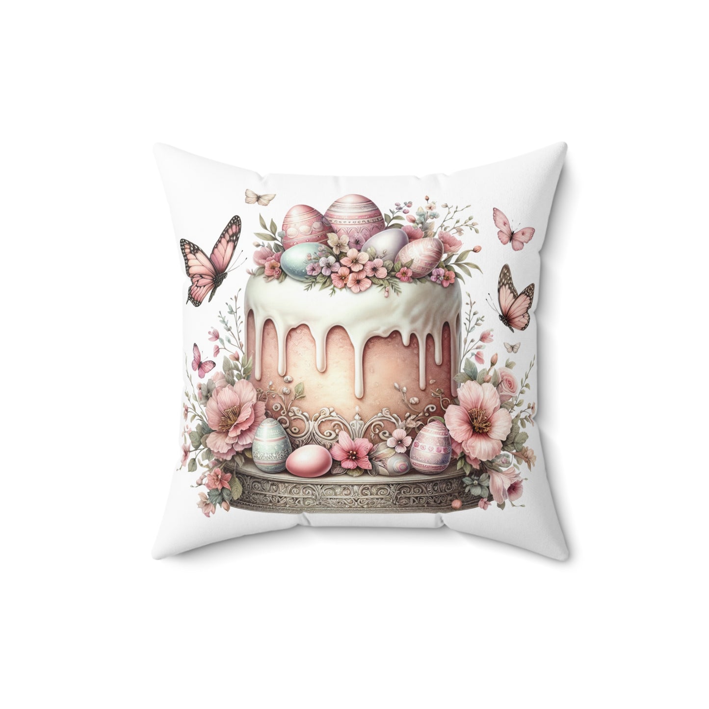 Easter Cake Design Square Pillow - Floral & Bunny Decor