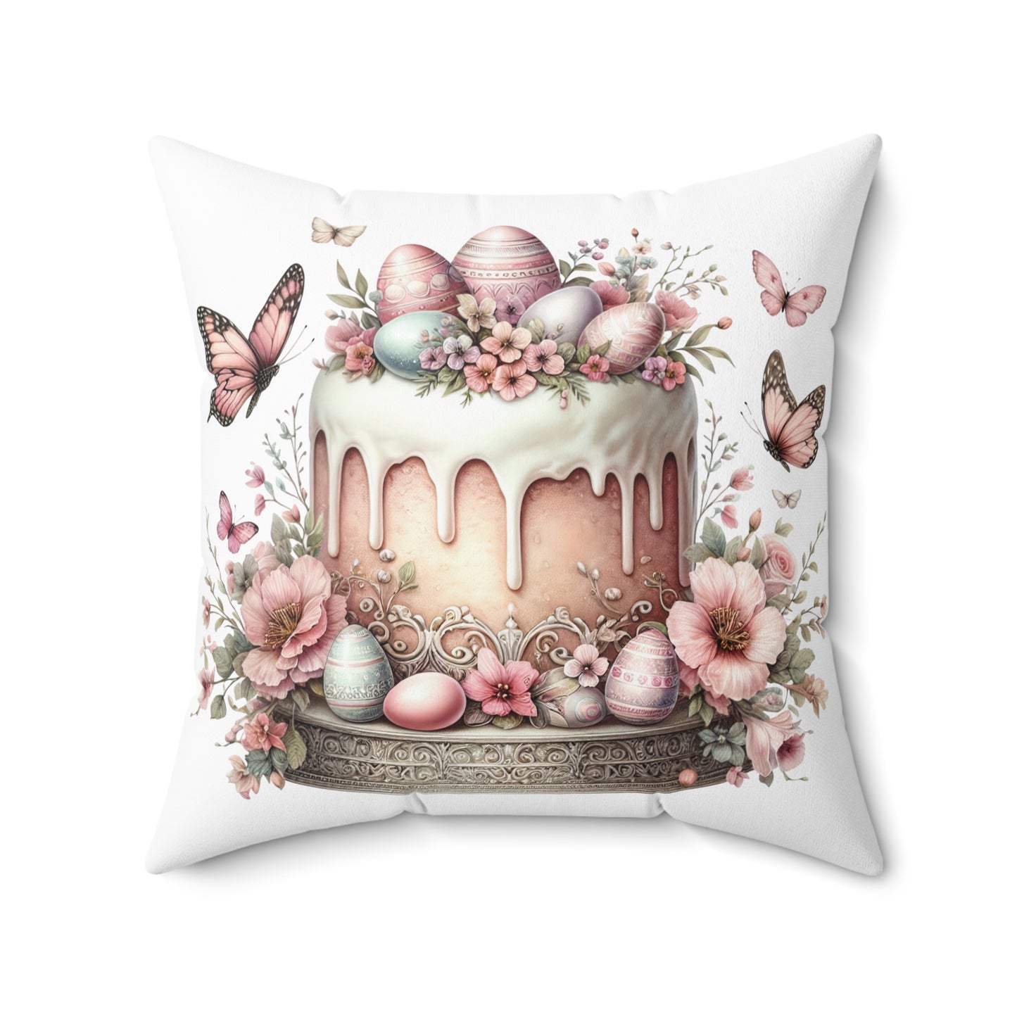 Easter Cake Design Square Pillow - Floral & Bunny Decor