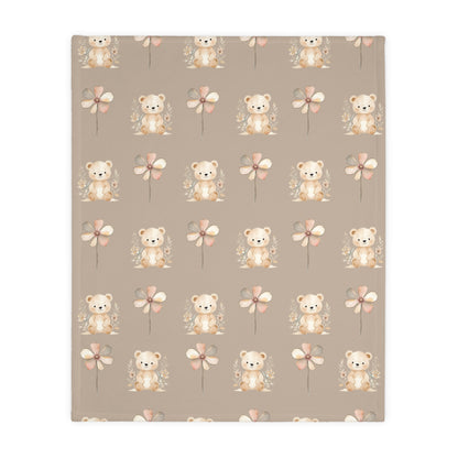 Cozy Velveteen Microfiber Blanket with Cute Bear and Flower Design