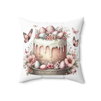 Easter Cake Design Square Pillow - Floral & Bunny Decor
