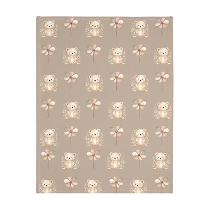 Cozy Velveteen Microfiber Blanket with Cute Bear and Flower Design