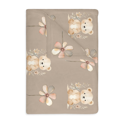 Cozy Velveteen Microfiber Blanket with Cute Bear and Flower Design