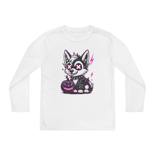 Halloween Themed Youth Long Sleeve Tee, Cute Dog Design, Perfect for Fall, Trick-or-Treat, Boys and Girls, Cozy and Fun
