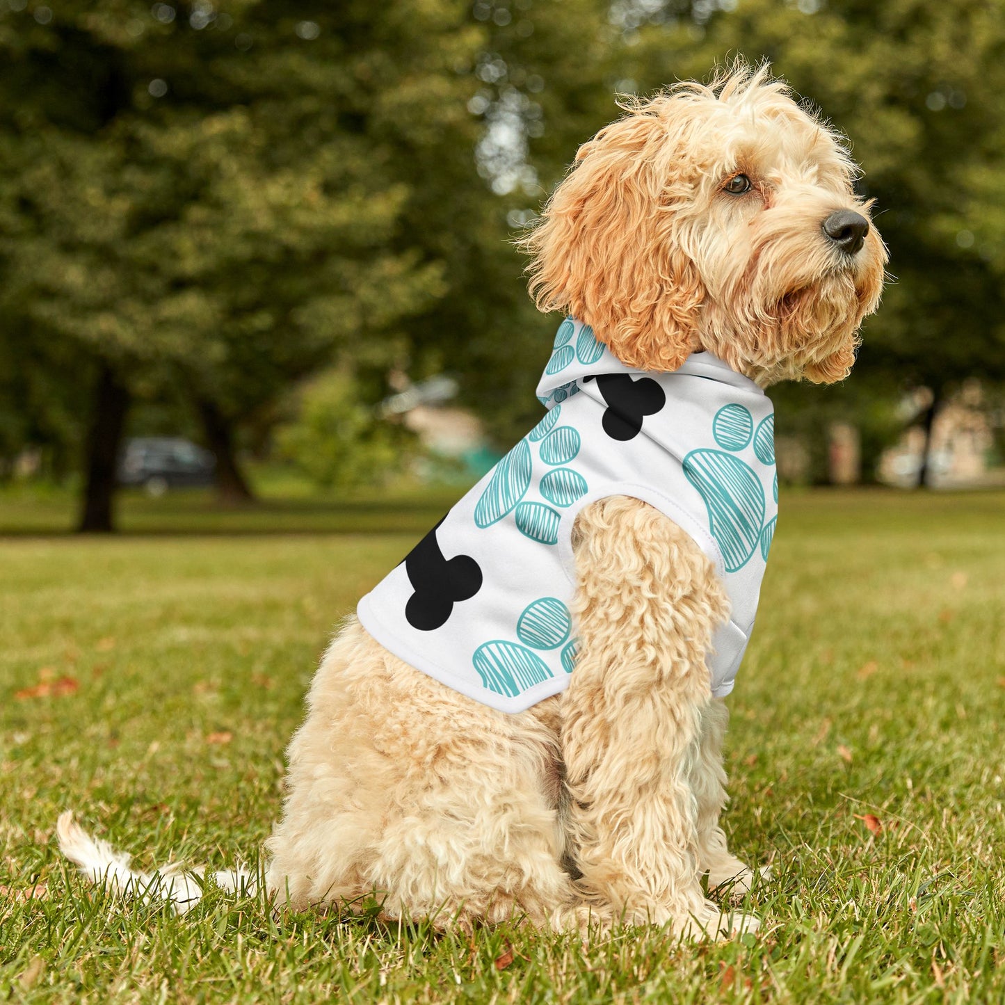 Stylish Pet Hoodie with Bone and Paw Print Design