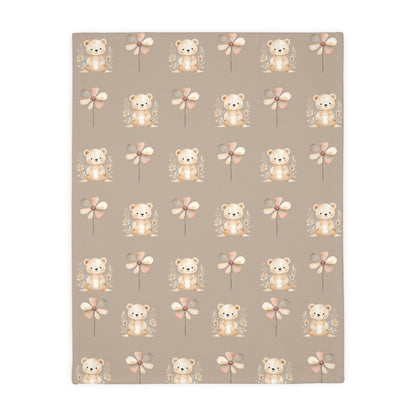 Cozy Velveteen Microfiber Blanket with Cute Bear and Flower Design