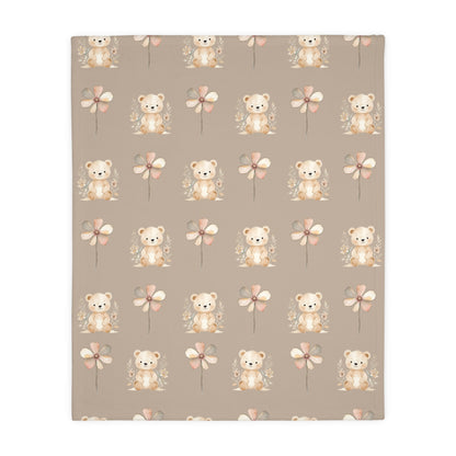 Cozy Velveteen Microfiber Blanket with Cute Bear and Flower Design