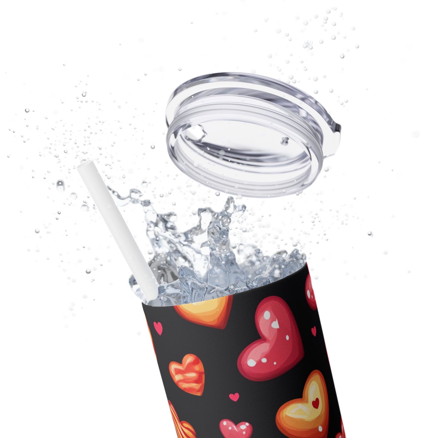 Colorful Heart Pattern Skinny Tumbler with Straw - 20oz