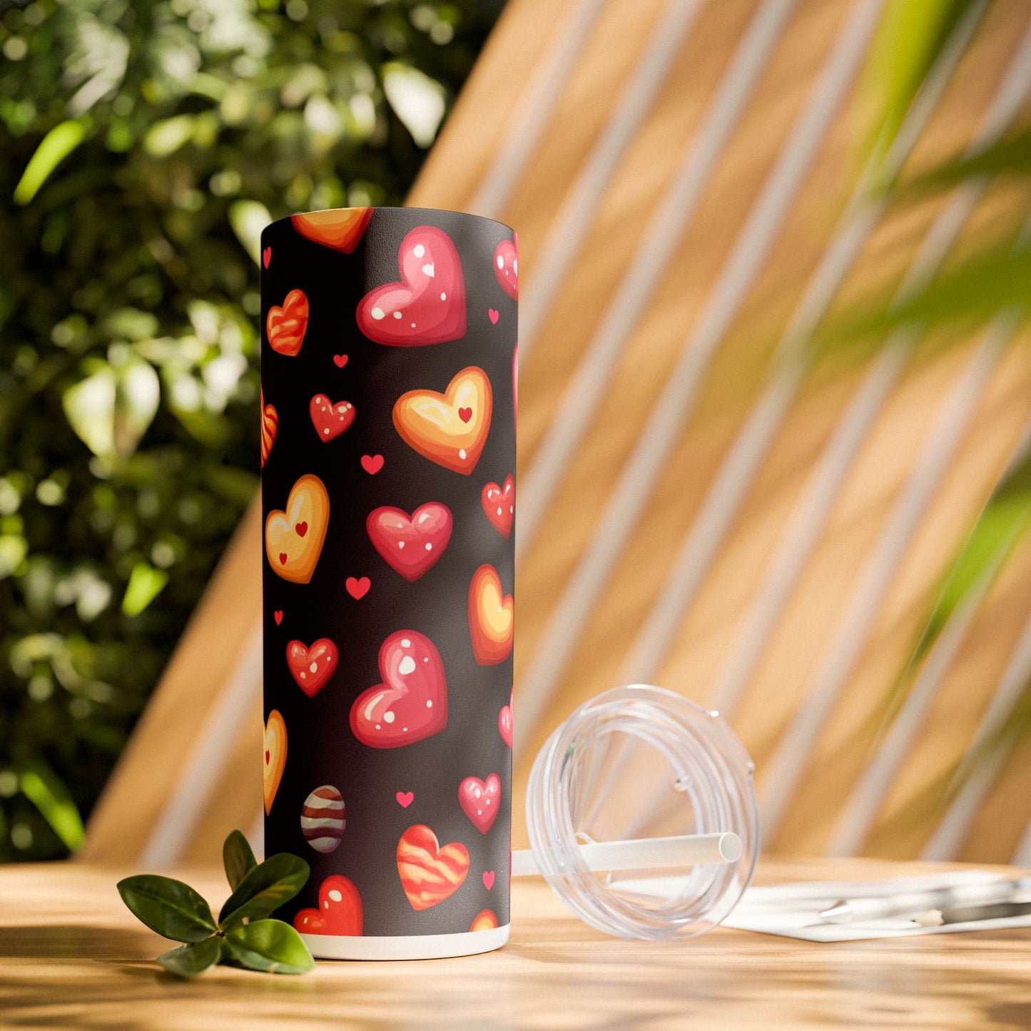 Colorful Heart Pattern Skinny Tumbler with Straw - 20oz
