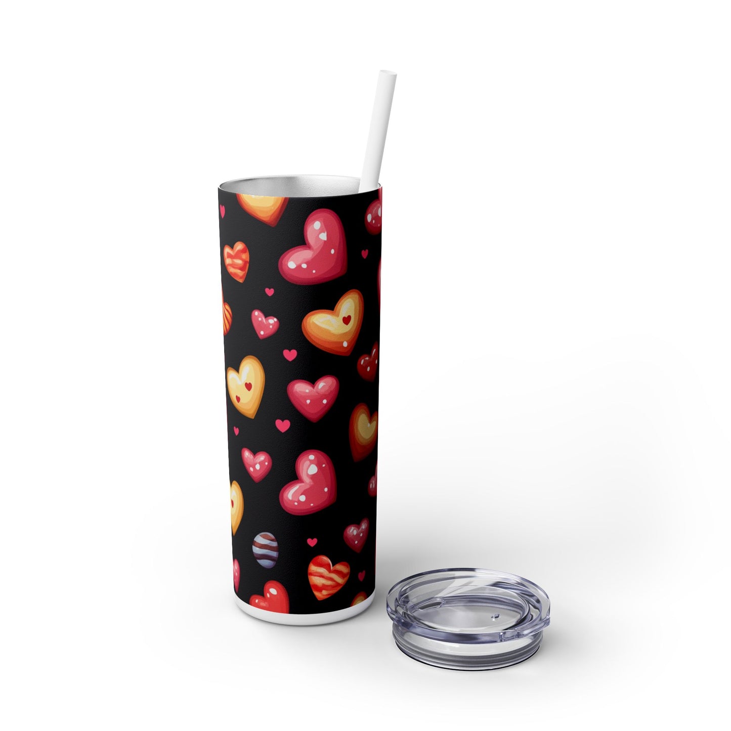 Colorful Heart Pattern Skinny Tumbler with Straw - 20oz