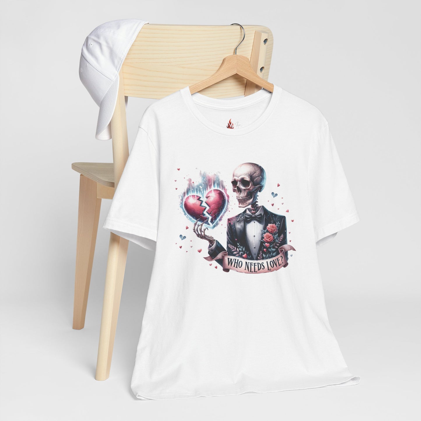 Skeleton Heartbreak Unisex Tee - 'Who Needs Love?' Graphic