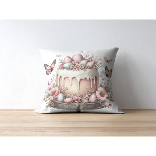 Easter Cake Design Square Pillow - Floral & Bunny Decor