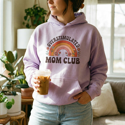 Overstimulated Mom Club Hoodie — Retro Rainbow Mom Sweatshirt