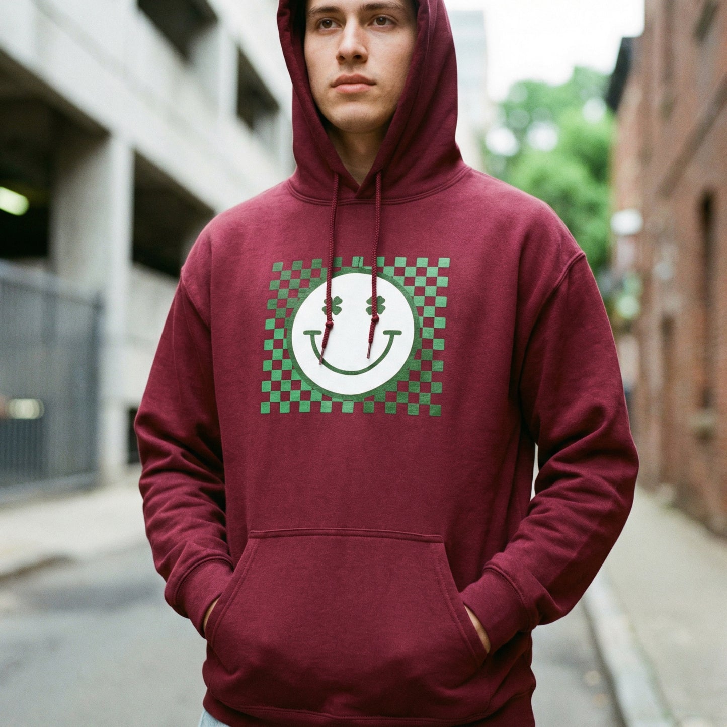 St. Patrick's Day Green Checker Smiley Hoodie
