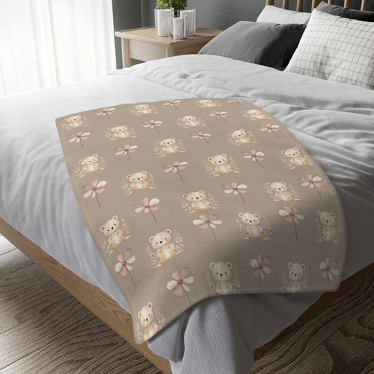 Cozy Velveteen Microfiber Blanket with Cute Bear and Flower Design