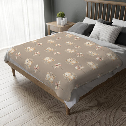 Cozy Velveteen Microfiber Blanket with Cute Bear and Flower Design