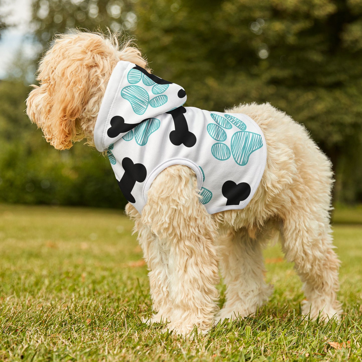 Stylish Pet Hoodie with Bone and Paw Print Design