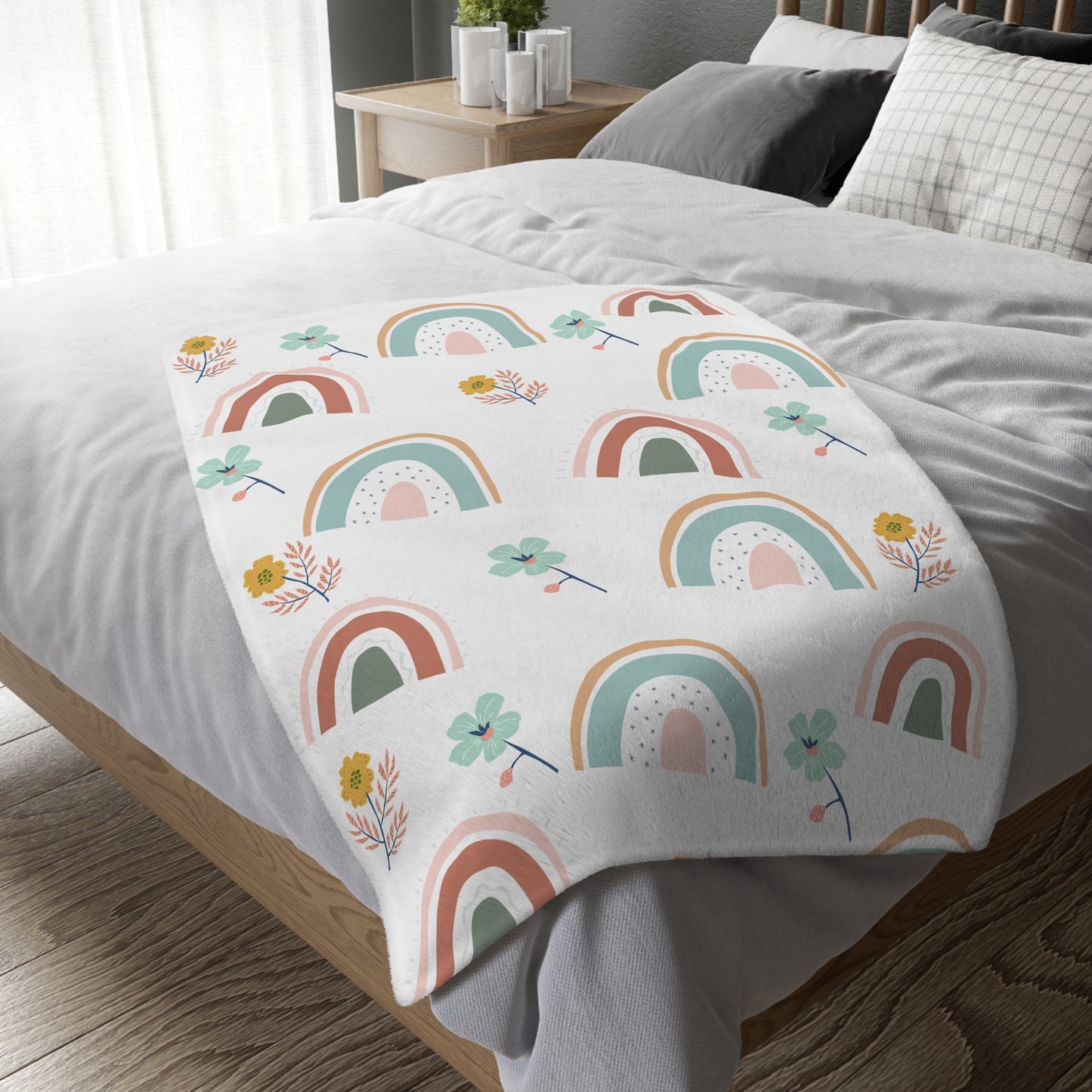 Colorful Rainbow Floral Velveteen Blanket - Cozy Two-Sided Print for All Seasons