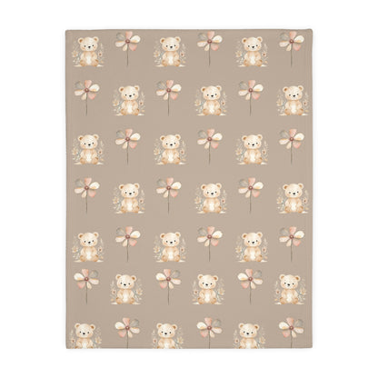 Cozy Velveteen Microfiber Blanket with Cute Bear and Flower Design