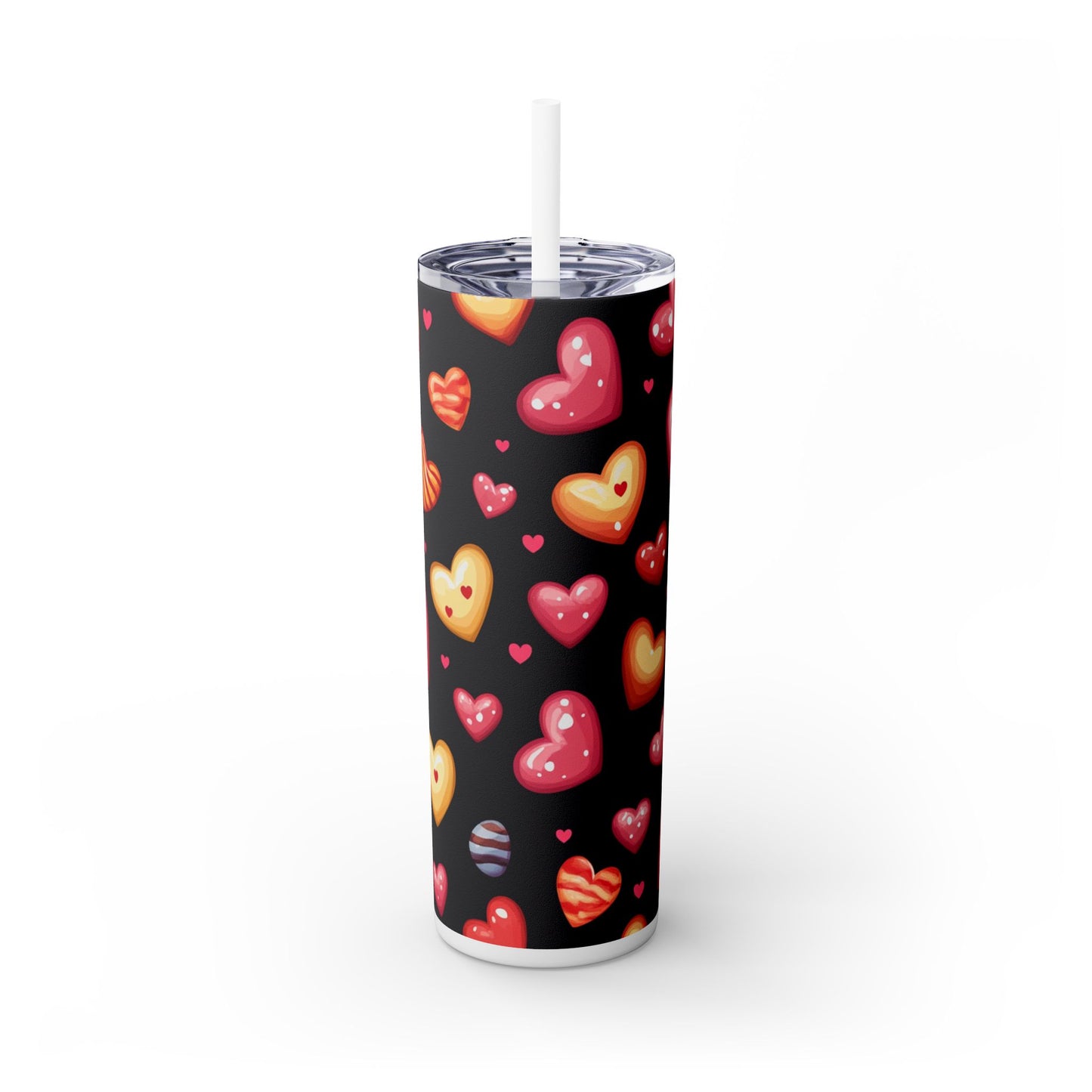 Colorful Heart Pattern Skinny Tumbler with Straw - 20oz
